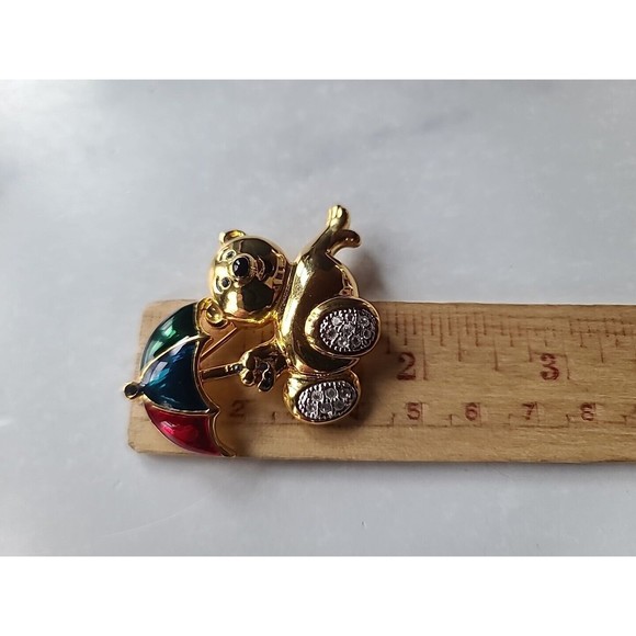 Vintage Rhinestone Teddy Bear With Umbrella Brooch - Picture 10 of 10